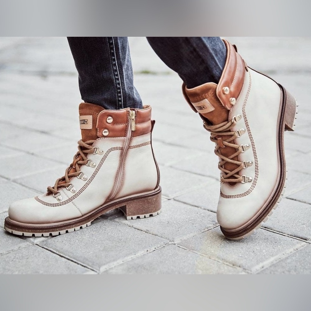 Pikolinos Aspe W9Z-8634C1 lace-up ankle boots in cream/brown leather women’s - Picture 1 of 13